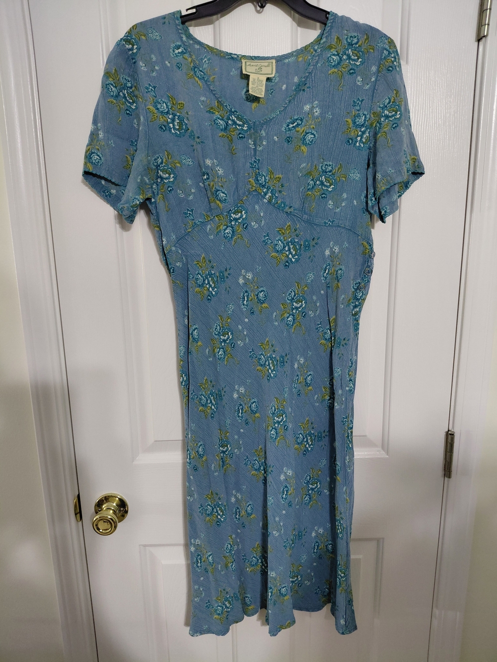 April Cornell Blue Floral V-Neck Midi Dress with Green Accents